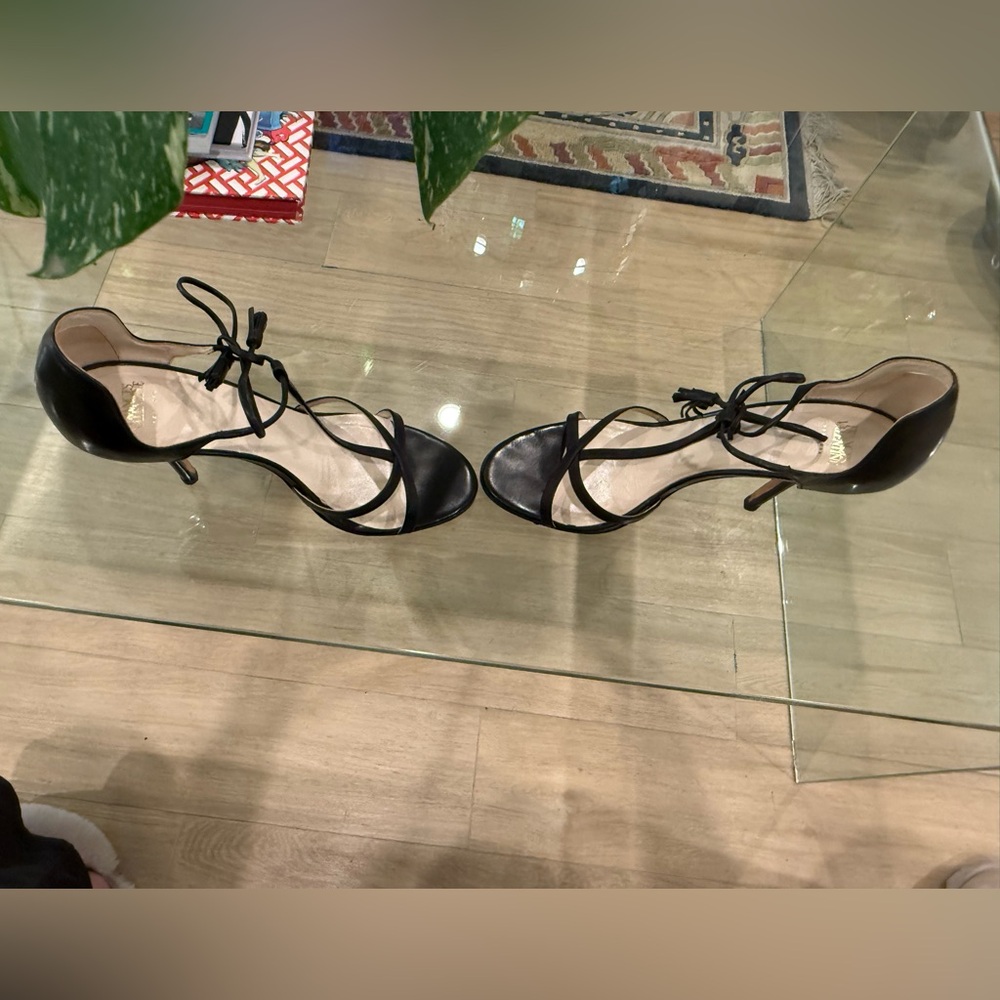 Frances Valentine Valentina Open Toe T-Strap Black Heels - Picture 2 of 8